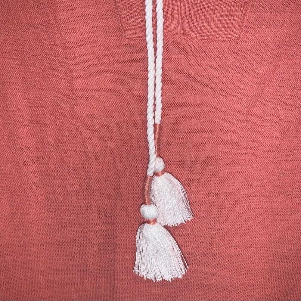 LOFT Split Neck Fringe Tassel Lightweight Tunic Top Coral Pink Casual Cozy Chic - Picture 4 of 9